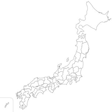 日本の47都道府県、島を省略したシンプルな日本地図、白黒の線画