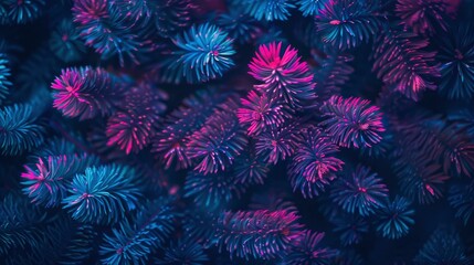 Obraz na płótnie Canvas Abstract background of dark purple neon color with glowing pine branches. Intricate details of textured plants and flowers, closeup of dark red and blue foliage. High contrast, gradient effect