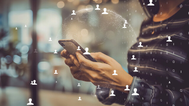 Concept of modern social networking, user engaging with smartphone amidst virtual connections.