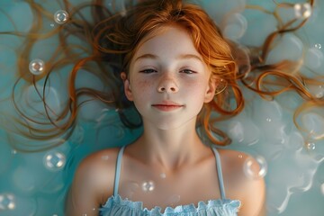 A joyful young girl with auburn hair in a blue dress. Concept Outdoor Photoshoot, Colorful Props, Joyful Portraits, Playful Poses, Girl with Auburn Hair, Blue Dress - obrazy, fototapety, plakaty