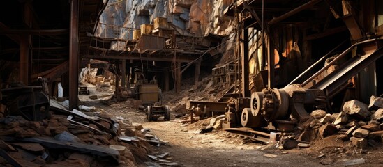Abandoned wood mine for mining gold, once an antique. - obrazy, fototapety, plakaty