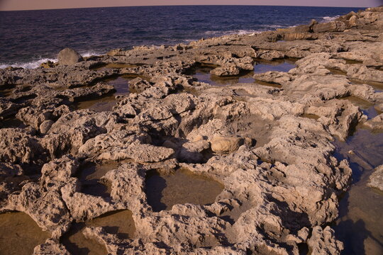 Rocky coast in Bugibba, Malta, Mediterranean