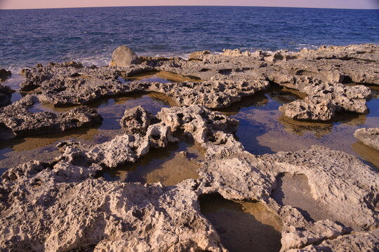 Rocky coast in Bugibba, Malta, Mediterranean