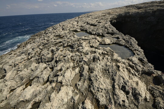 Rocky coast in Bugibba, Malta, Mediterranean
