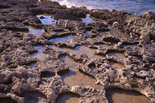 Rocky coast in Bugibba, Malta, Mediterranean