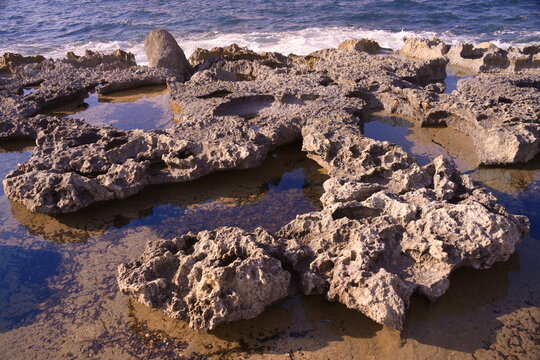 Rocky coast in Bugibba, Malta, Mediterranean