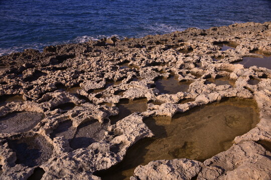 Rocky coast in Bugibba, Malta, Mediterranean