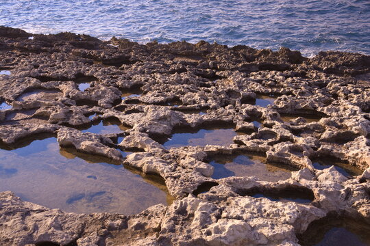 Rocky coast in Bugibba, Malta, Mediterranean