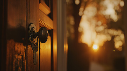 An inviting scene of keys in a door lock with warm sunlight filtering through at sunset - obrazy, fototapety, plakaty