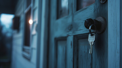 The image captures keys in an old lock with a focus on old, textured wooden door background at dusk