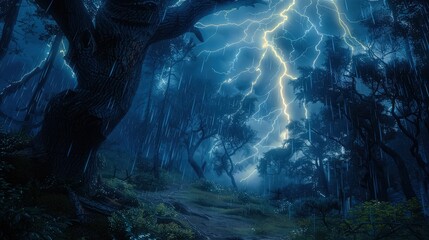 lightening storm in green forest trees 