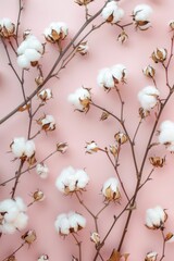 Cotton Branches Arranged on Pastel Pink Background