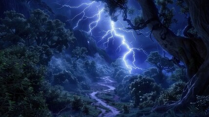 lightening storm in green forest trees 