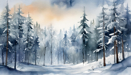 Winter watercolor landscape painting, calm snow-covered forest - obrazy, fototapety, plakaty