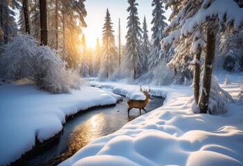 illustration, captivating snowy winter wonderland landscape, scenery, outdoor, beauty, cold, nature, frozen, scene, serene, snowscape, tranquil, wintertime, view, image, mosaic - obrazy, fototapety, plakaty