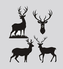 Set Black deer silhouette, symbolic image of wild animal standing and walking. Vector illustration, , isolated on white background.