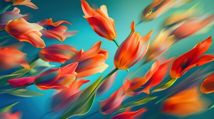 Abstract background with colorful tulip petals in the air, green and orange colors on blue, fluid shapes - obrazy, fototapety, plakaty