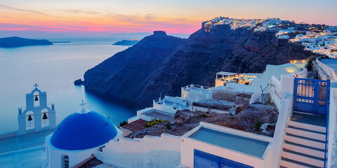 Three Bells of Fira, iconic blue domed church at dusk, Fira, Santorini (Thira) Island, Cyclades, Greek Islands