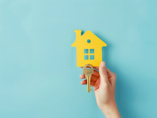 Fototapeta na wymiar Hand holding yellow house symbol model with key on a light blue background.