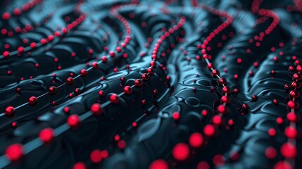 Fototapeta premium Abstract background with red and black beads on a dark blue gradient, . Many black dots connected by thin lines creates an abstract design
