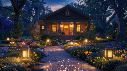 A lovely house in a garden filled with colorful flowers. The garden showcases a variety of blooms,...