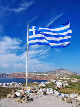 Greek Flag at the Venetian Castle, Akrotiri Village, Santorini (Thira) Island, Cyclades, Greek Islands