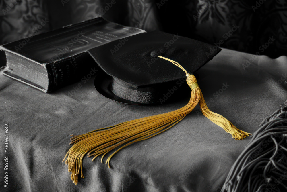 Canvas Prints Black graduation cap with tassel and book, close-up. - Canvas Prints