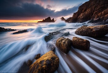 Obraz premium illustration, dramatic long exposure waves crashing rocks beach seascape, motion, blur, ocean, shoreline, water, coast, nature, scenic, seaspray, power