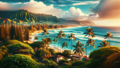Hawaiian Harmony: Lush Landscapes and Playful Waves in Famous Location, Capturing the Aloha Spirit of Hawaii with a Photo Realistic Twist - obrazy, fototapety, plakaty