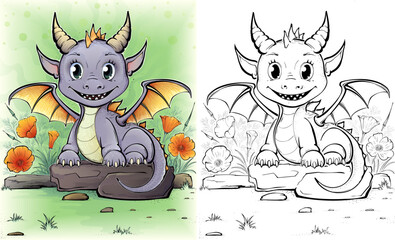 Cute chibi dragon coloring pages for kids and adults .Coloring book cover.