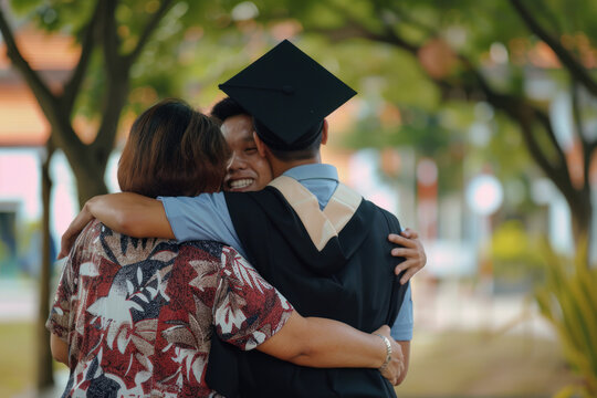 Graduate in gowns and caps with tassels hugs his parents. End of study, graduation.