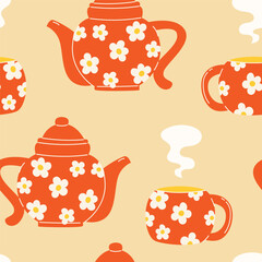 Seamless pattern with a teapot and cup set with chamomile hot tea