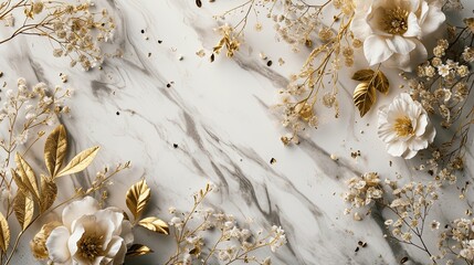 Chic background with a white marble texture and luxurious golden floral arrangement. 