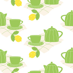 Seamless pattern with teapot, cup,  hot tea and lemon