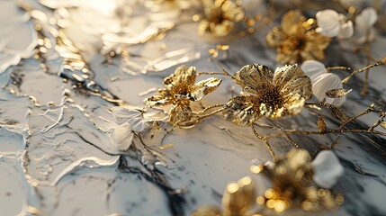 Cinematic glimpse of gold florals dancing across a white textured marble. 