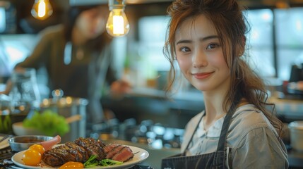 A young female cooks in the kitchen, while an Asian woman shows off a steak plate in the kitchen. A select focus.