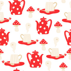 Seamless pattern with a teapot and a cup in the amanita style - obrazy, fototapety, plakaty