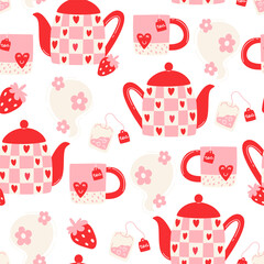Seamless pattern with a bright teapot and cup set with strawberry-flower hot tea