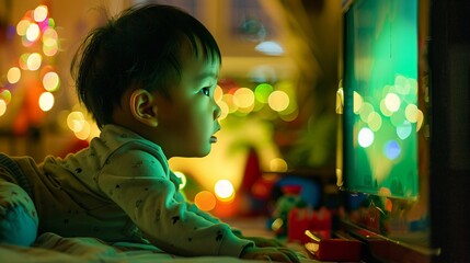 Toddler from Asia, rear-facing, absorbed in green TV screen, cluttered with toys, sharp focus, mellow lighting, low angle.