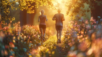 A sporty mature couple keeps fit in the garden by running. - obrazy, fototapety, plakaty