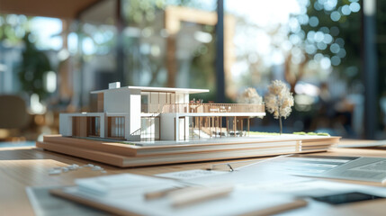 Model of house and folder with documents on a table in real estate agency on background. \