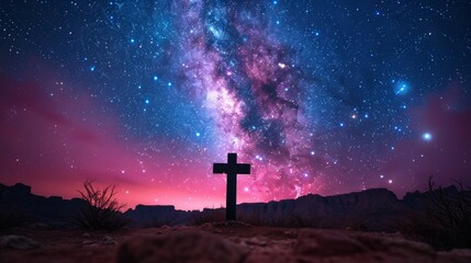 Photograph of Milky Way Galaxy with grain, Long Exposure,. The Milky Way and the cross above canyon - obrazy, fototapety, plakaty