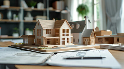 Model of house and folder with documents on a table.