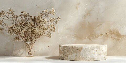 Background for cosmetic products of natural beige color. Stone podium and dry flower on a white background. Front view.
