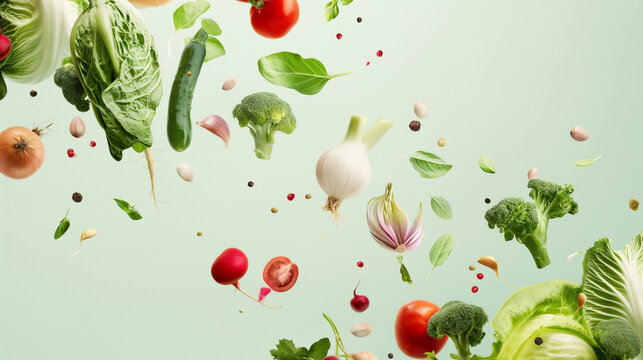 Fresh vegetables suspended in air against a green background, portraying health, vitality, and the concept of clean eating