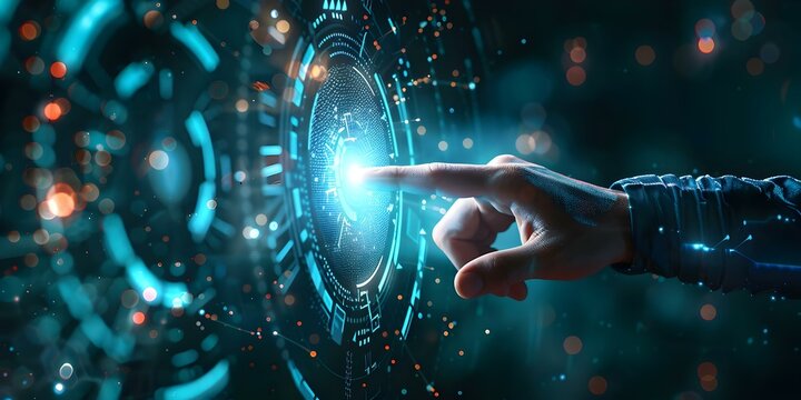 Businessman finger touch virtual screen, NFT token digital crypto art blockchain technology concept.