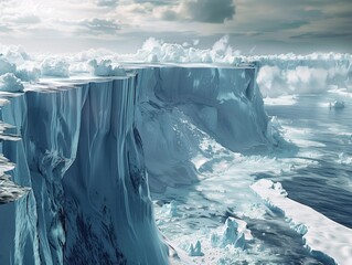 Global warming, melting glaciers and rising sea levels in a dystopian future, hyper-realistic illustration - obrazy, fototapety, plakaty