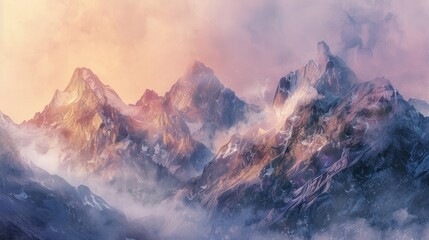Majestic mountains under a soft sunrise, concept art for wall decor in watercolor and pastel, capturing the beauty of nature