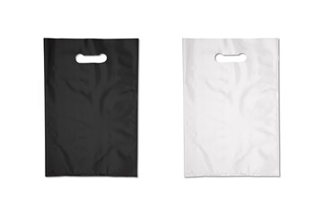 Blank white and black plastic bag mockup with space for your design and branding. 3d rendering. - obrazy, fototapety, plakaty