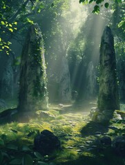 Unique hyper-realistic depiction of a summer solstice ritual in a mystical forest, with ancient stones and soft light
